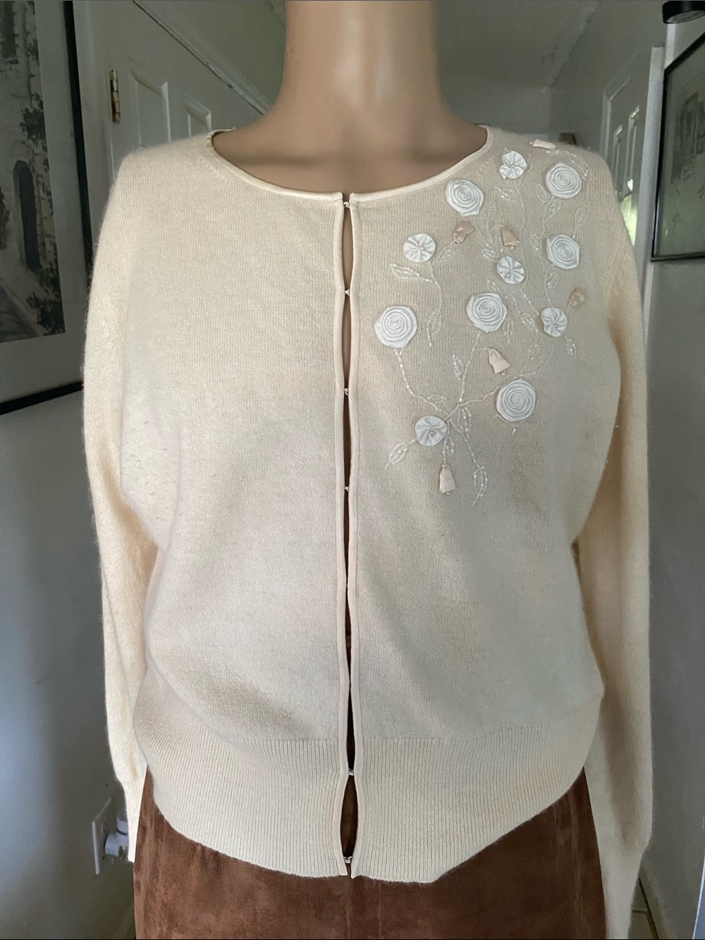 Banana Republic angora & lambs wool Cream Embroidered Button-Front Cardigan